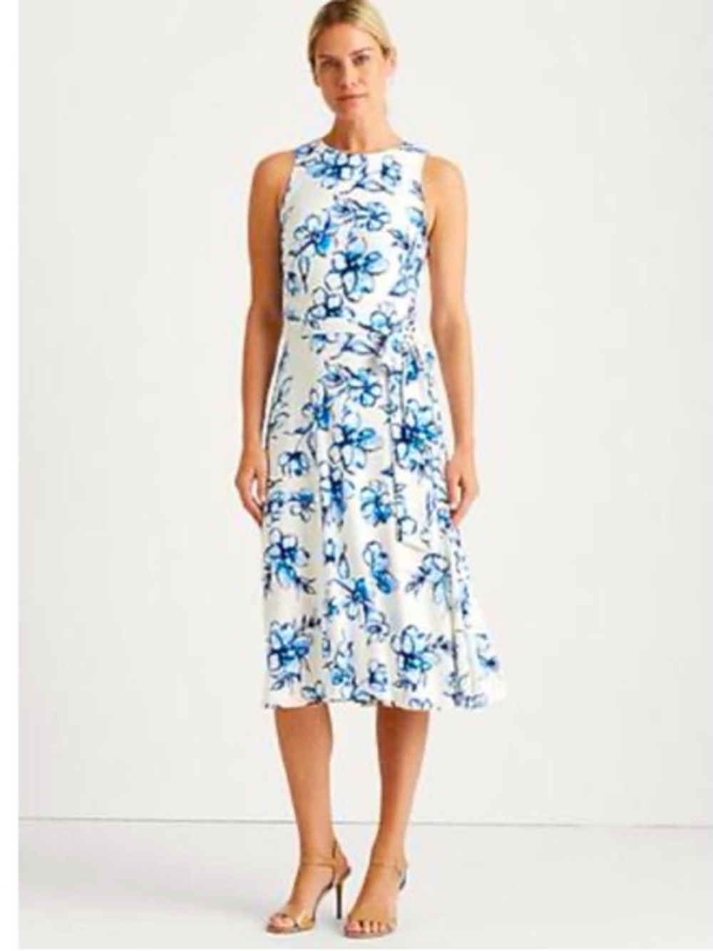 Lauren Ralph Lauren NWT White Blue Floral Belted Midi Dress Sz 12P